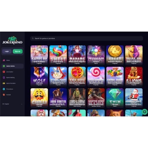 Desktop view of Jokersino Casino's slot page showcasing a variety of slot games including popular titles like Starburst and Gonzo's Quest, with game icons, RTP percentages, and filtering options visible